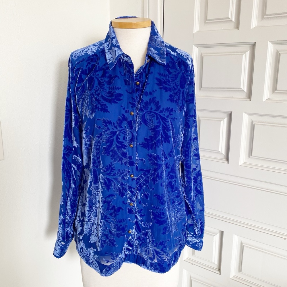 NWT Soft Surroundings Floreat Velvet Shirt Sapphire Blue Button Down Top Medium
